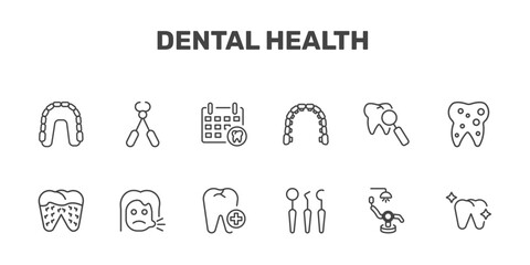 dental health icon set with maxilla, tooth pliers, dental appointment, healthy tooth signs in flat outline style © Abstract