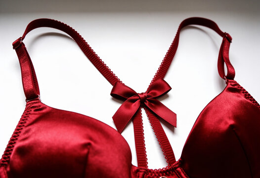 Red satin bra with elegant bow detail on the back straps isolated on white background