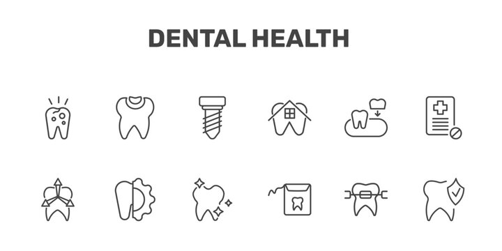 dental health icon set with decay, dental filling, implant fixture, prophylaxis signs in flat outline style
