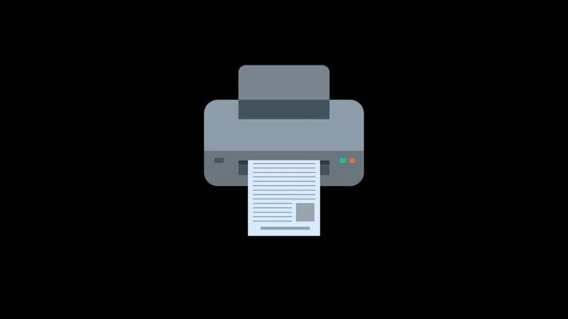 Animated Printer Icon Printing Document on Transparent background, 4K resolution.