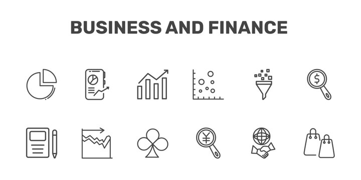 business and finance icon set with pie graphic, mobile stock data, stock market, two shopping bags signs in flat outline style