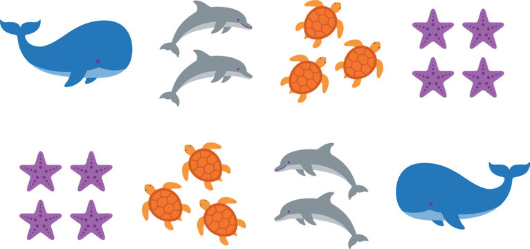 Cute Sea Animal Vector Illustration Set Featuring Whale Dolphin Sea Turtle and Starfish Elements for Kids Marine Life and Educational Graphic Designs
