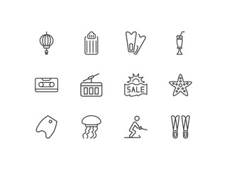 summer icon set with lantern, air mattress, diving fins, flippers signs in flat outline style © Abstract