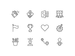 Fototapeta premium startup and strategy icon set with clap, deal, sway, management signs in flat outline style
