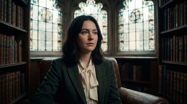 Young beautiful woman in a vintage tweed blazer inside a classic library