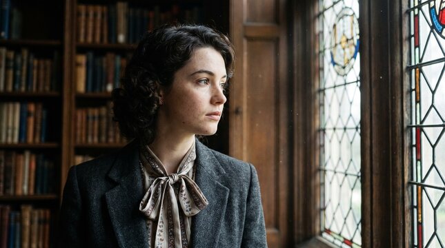 Young beautiful woman in a vintage tweed blazer inside a classic library