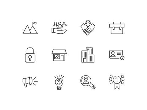 startup and strategy icon set with overcome, customer, partner, gold medal signs in flat outline style