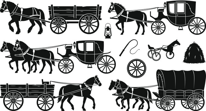 Vintage Horse Carriage Silhouette Vector Set Featuring Royal Coaches Wooden Wagons Covered Pioneers Cart Lantern and Hay Icons