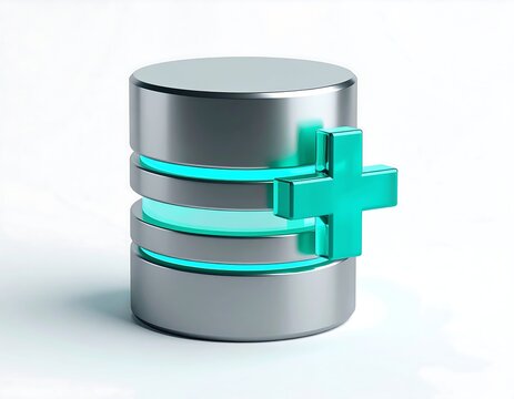 Metallic database icon with a bright blue plus sign representing data addition and storage update for modern technology computer systems and information management software