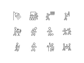 Fototapeta premium humans and behavior icon set with showering, classroom, storekeeper, people trading signs in flat outline style