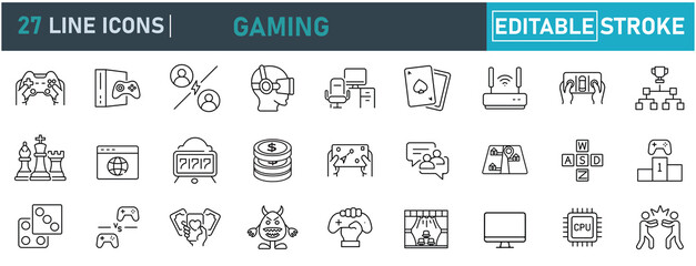 Gaming Line Icons Set. Contain icons related to video games,  esports, VR gaming, online multiplayer, live streaming, gaming setup, console, PC gaming,  and more. Editable stroke. Vector illustration. © PixiLine