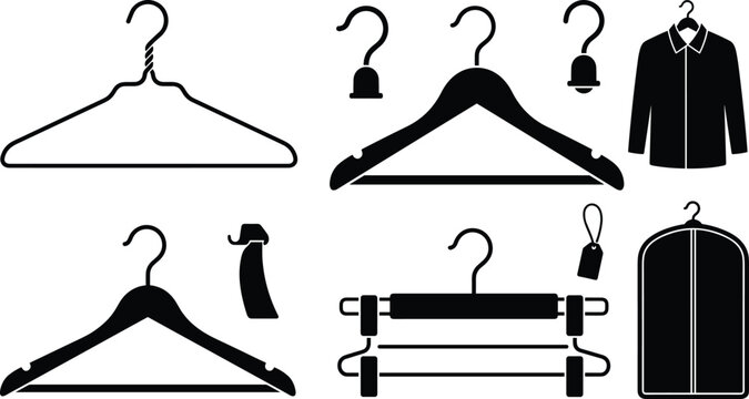 Clothes Hanger Silhouette Vector Set Featuring Wire Wooden Pants Hangers with Shirt Garment Bag and Price Tag Icons