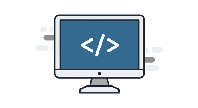 Computer screen with code symbol on monitor.