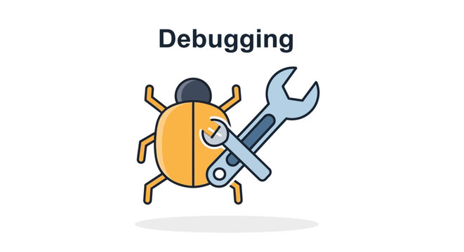 A cartoon bug holding a wrench for debugging.