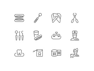 Fototapeta premium dental health icon set with dentures, mouth mirror, dental plaque, dentist signs in flat outline style