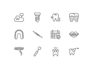 dental health icon set with partial denture, implant fixture, breath, tampon signs in flat outline style © Abstract