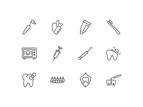 dental health icon set with dentists drill tool, mint gum, toothpaste tube, interproximal signs in flat outline style