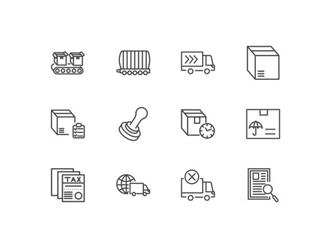 delivery and logistics icon set with conveyor, cargo train, delivery truck, waybill signs in flat outline style