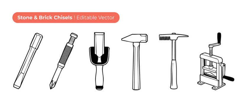 Stone masonry hand tools vectors set featuring flat brick chisel, pitching tool, hammers, and stone splitter icons for construction, carving, and DIY crafting graphic design on white background.