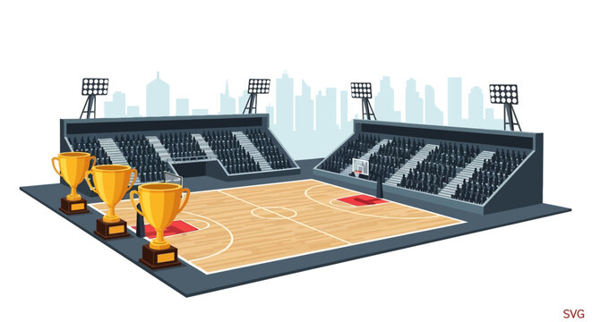 Basketball court with spectators and city skyline at night.