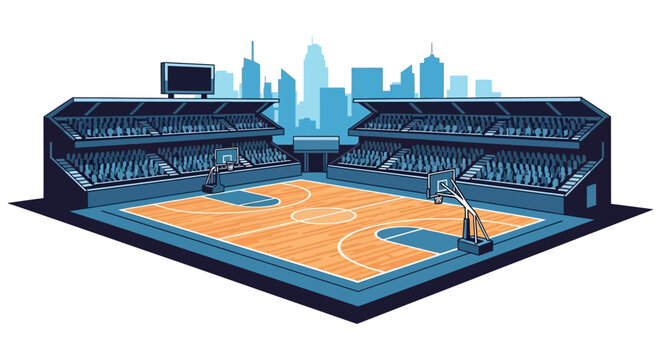 Illustrated basketball court with city skyline backdrop.