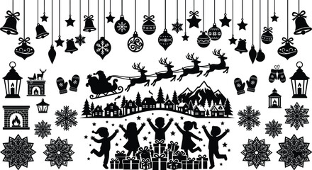 Fototapeta premium Black Christmas decorations and ornaments hanging on strings with joyful silhouettes