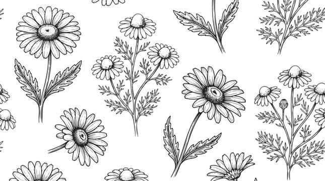 Hand Drawn Daisy Wildflower Seamless Pattern with Botanical Line Art