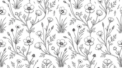 Fototapeta premium Hand Drawn Wildflower Seamless Pattern with Delicate Botanical Line Art