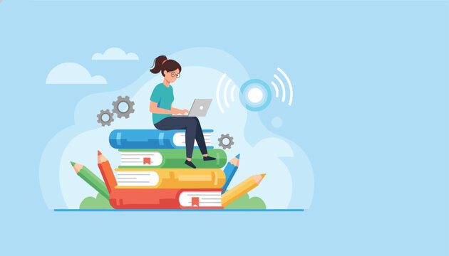 Student sitting on a stack of books while using a laptop with wireless connection icons and stationery elements in a study area.