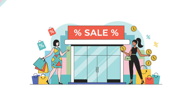 Shoppers carrying bags and holding golden coins in front of a store with a large red percentage sale sign during a holiday discount.