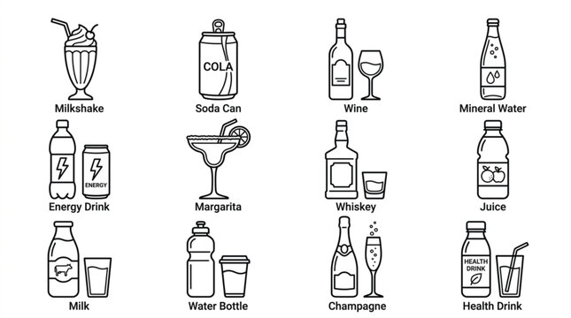  Drinks line icons vector set with beverage bottle and alcohol glass symbols for cafe menu design