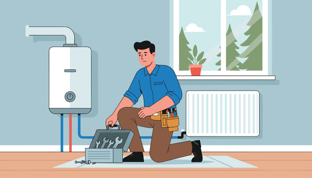 Plumber in blue uniform kneeling while working on a gas boiler in a home setting with a tool box beside a radiator near a window.