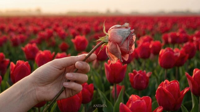 Iron deficiency anemia, a person's hand holding a pale withered rose, surrounded by a vibrant red tulip field, symbolizing an iron (Fe) blood disorder, medical concept
