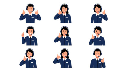Fototapeta premium Set of call center customer service representative icons, male and female support agents wearing headsets and showing thumbs up gestures