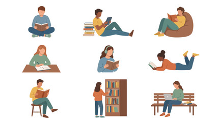Fototapeta premium Diverse group of people enjoying reading in various comfortable and cozy settings, highlighting the pleasure of literature and learning