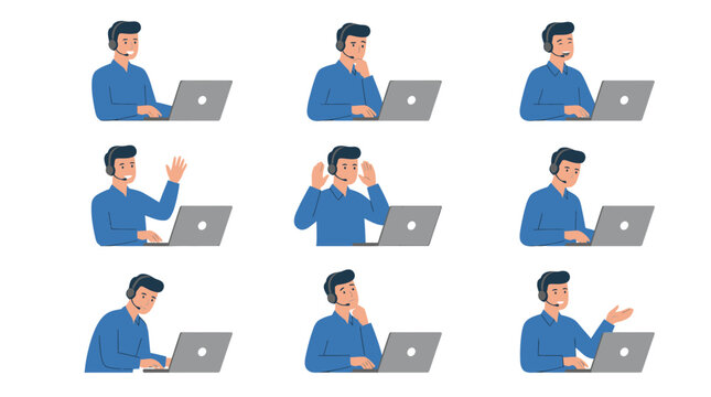 Male customer support agent with headset and laptop set of diverse office worker poses including talking thinking and typing for help desk services