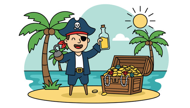 Cheerful pirate standing on a desert island with a treasure chest full of gold coins and jewels holding a bottle of rum in hand.