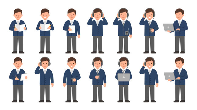 Collection of cartoon men in business attire, engaged in various activities like phone calls, using laptops, and holding documents, depicted in a simple, flat vector illustration style