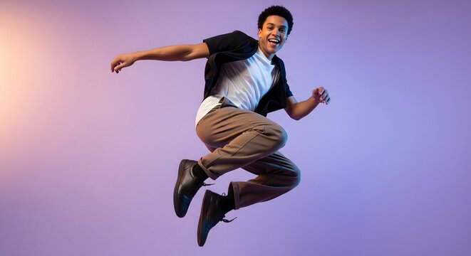 Happy young man jumping in midair against a purple gradient background