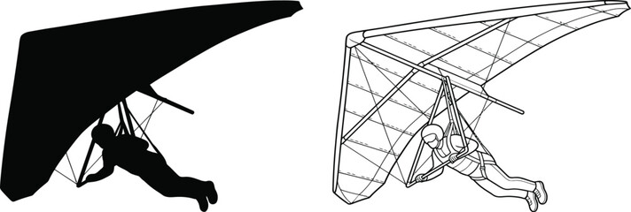 Hang Glider Silhouette and Outline Graphic Art with Person Flying in the Air Doing Extreme Sports Activity © Md