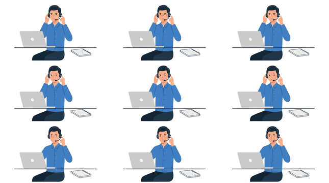 Vector illustration set of a male call center operator working on a laptop computer with headset, customer support agent poses