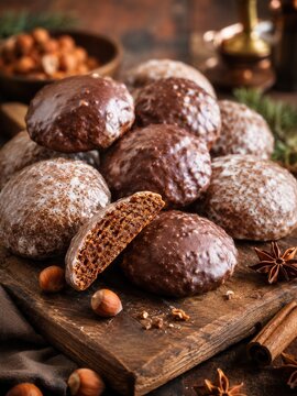 N&uuml;rnberger Lebkuchen mit Schokoladen- und Zuckerglasur, N&uuml;ssen und Gew&uuml;rzen auf rustikalem Holzbrett &ndash; traditionell fr&auml;nkisches, deutsches Weihnachtsgeb&auml;ck.