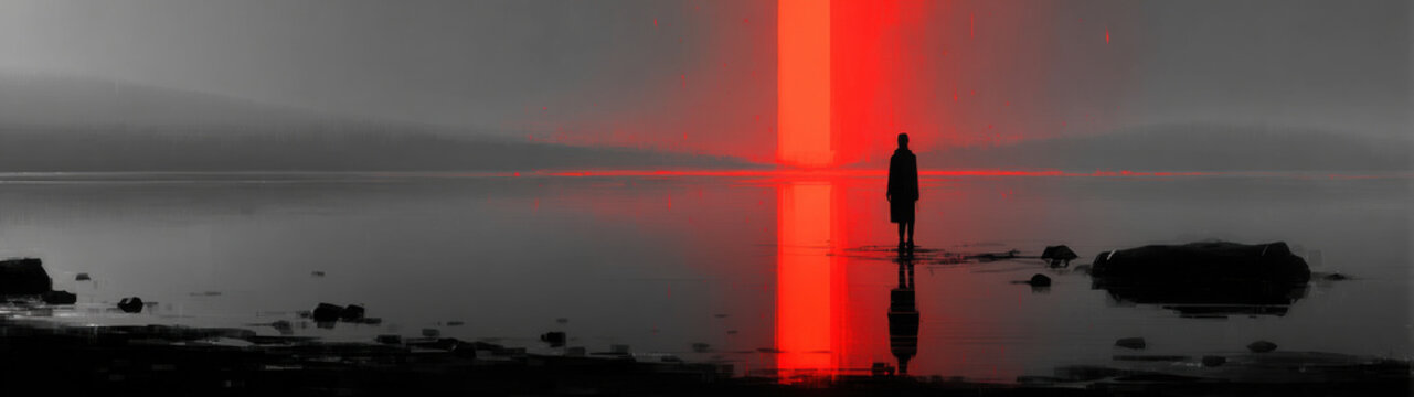 Monolithic Crimson Beacon - A solitary silhouette stands at the edge of a glassy, monochrome lake as a massive, towering column of electric red light cuts vertically through the dense grey fog