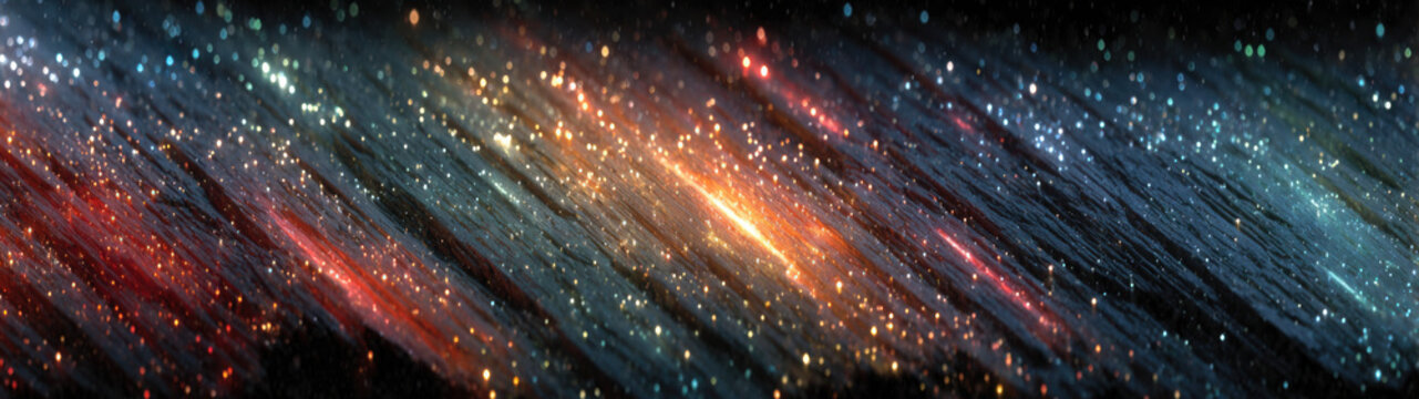 Stardust Textured Trails - Millions of tiny sparkling light particles dance across a rugged, dark textured surface featuring diagonal grooves illuminated by red, gold, and blue neon glowing streams