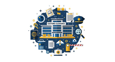 Fototapeta premium Customs Clearance and International Trade Concept Vector Illustration Featuring Logistics Icons, Passport, and Legal Documents in Flat Design Style