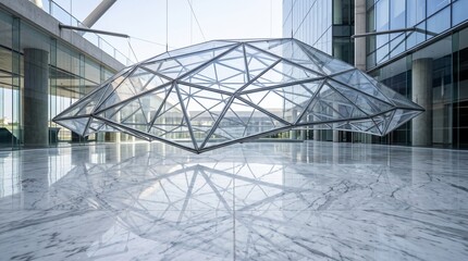 Fototapeta premium Geometric glass structure, modern architecture, futuristic building design, interior space