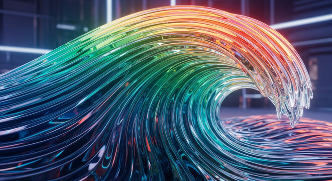 Abstract 3D render of a vibrant rainbow glass wave curling in a futuristic setting with neon light reflections.