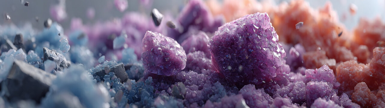 Crystalline Pastel Minerals - A macro shot captures raw violet geode shards exploding into fine glittering dust, nestled between fields of soft baby blue and pale peach mineral clusters