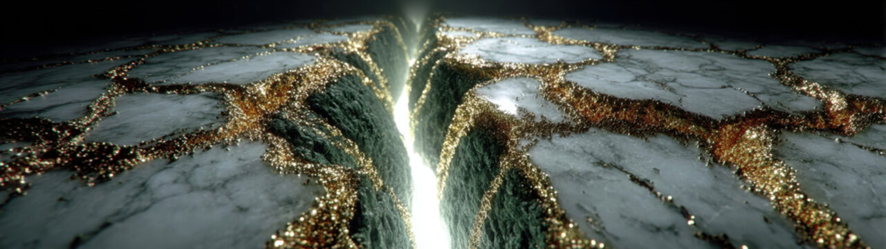 Gilded Marble Chasm - A deep split tears through a fractured white marble landscape, its rugged edges laced with shimmering gold dust while a brilliant white light glows intensely from the abyss
