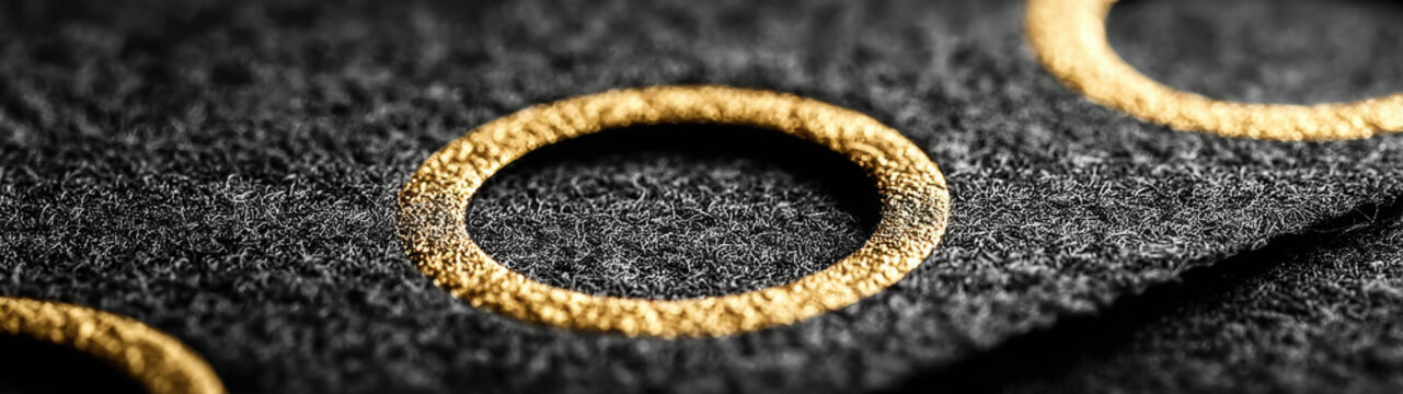 Golden Textured Rings - An extreme macro photograph captures shimmering, textured gold circles printed onto a dark charcoal wool fabric under a selective, shallow depth-of-field focus